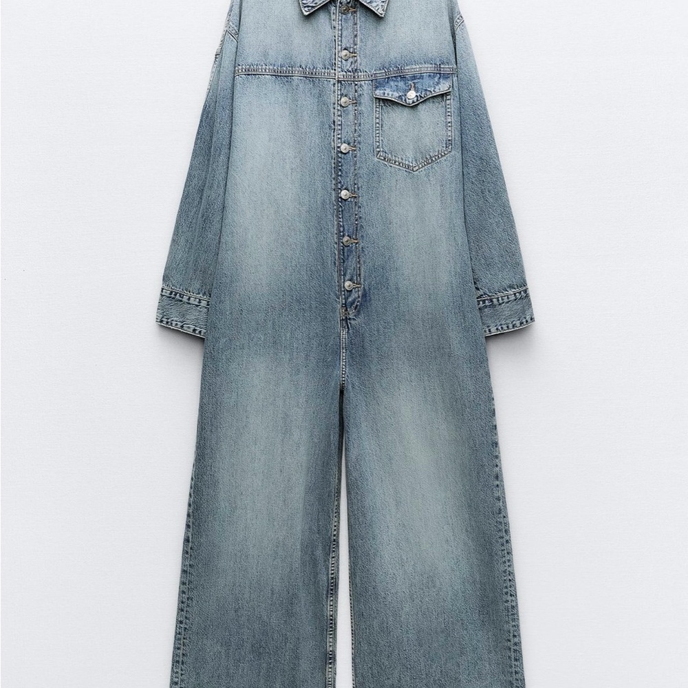 Washed Light Blue Denim Jumpsuit - Women's Casual One-Piece - Picture 3 of 4